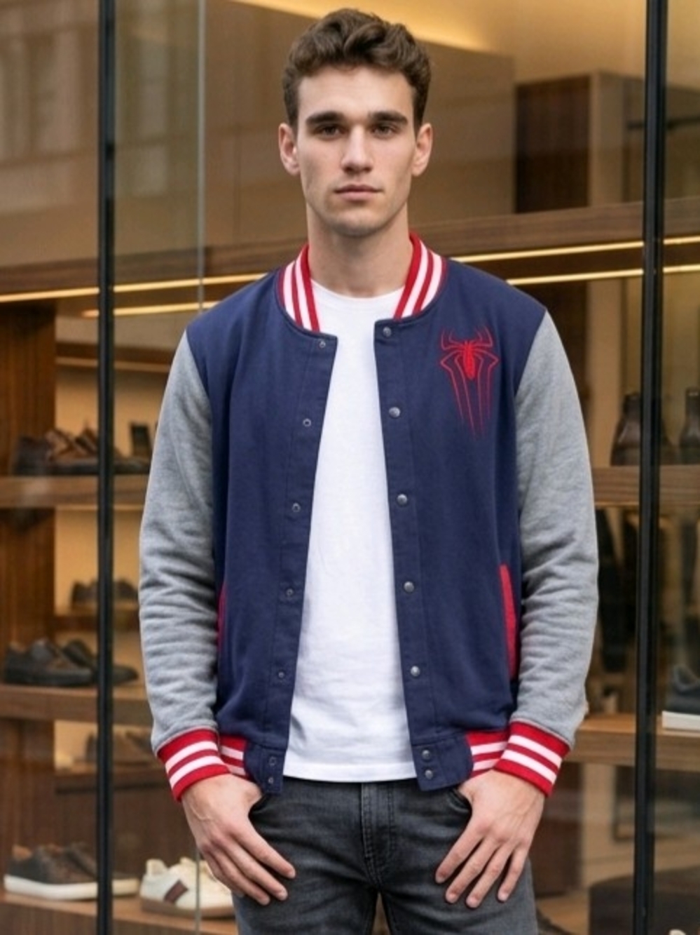Marvel Spider-Man Blue Snap-Button Letterman Jacket Red Spider Logo 14 (Flaw)